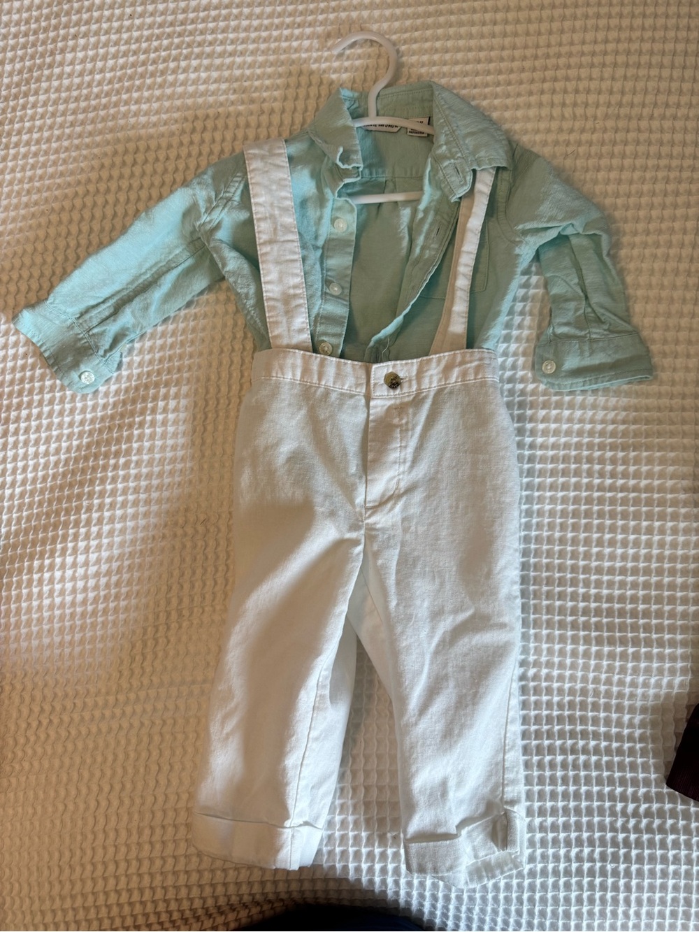 Janie and Jack White linen cotton Suspender Overalls with Mint Shirt
